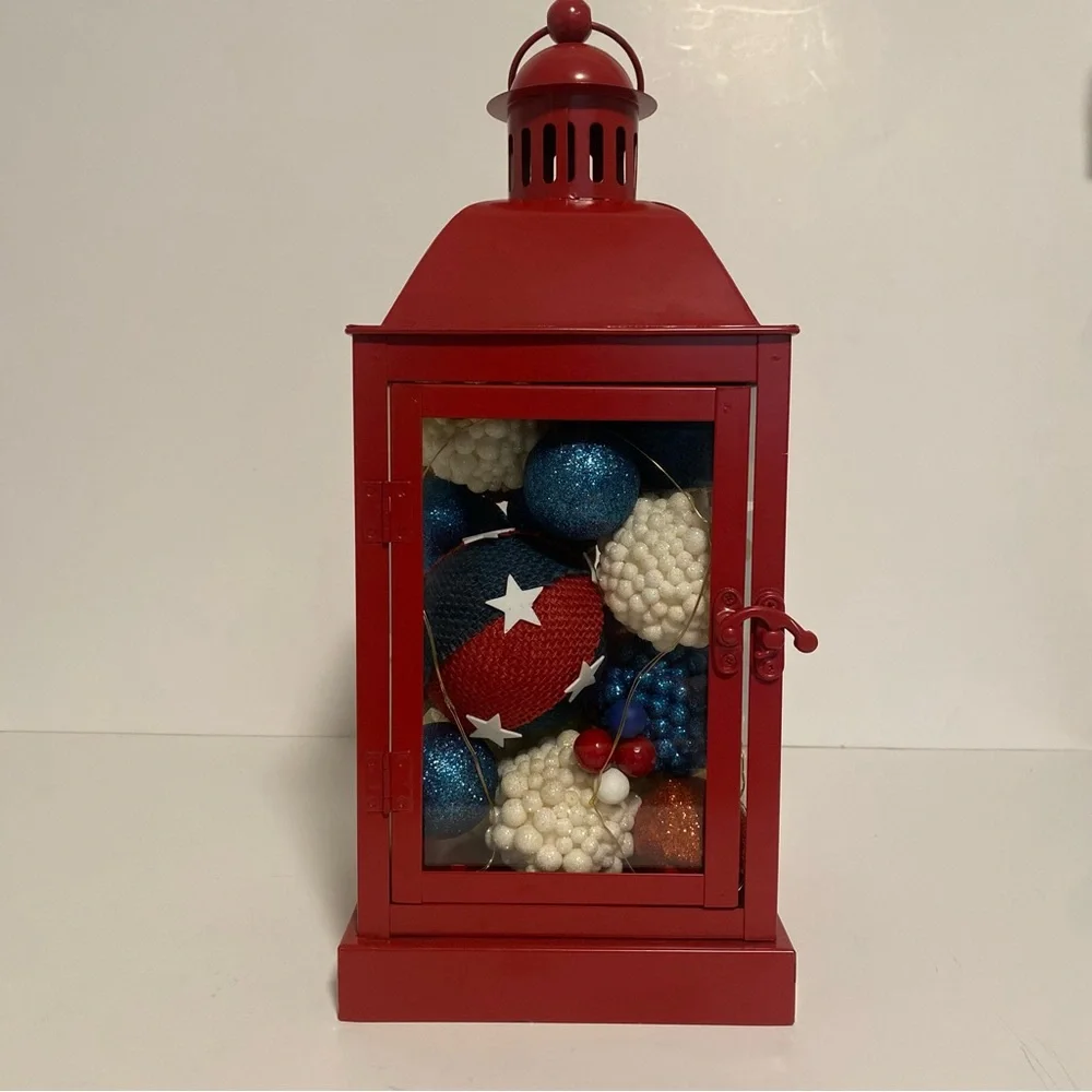 Red Metal Lantern with Patriotic Accents Battery Powered Lights